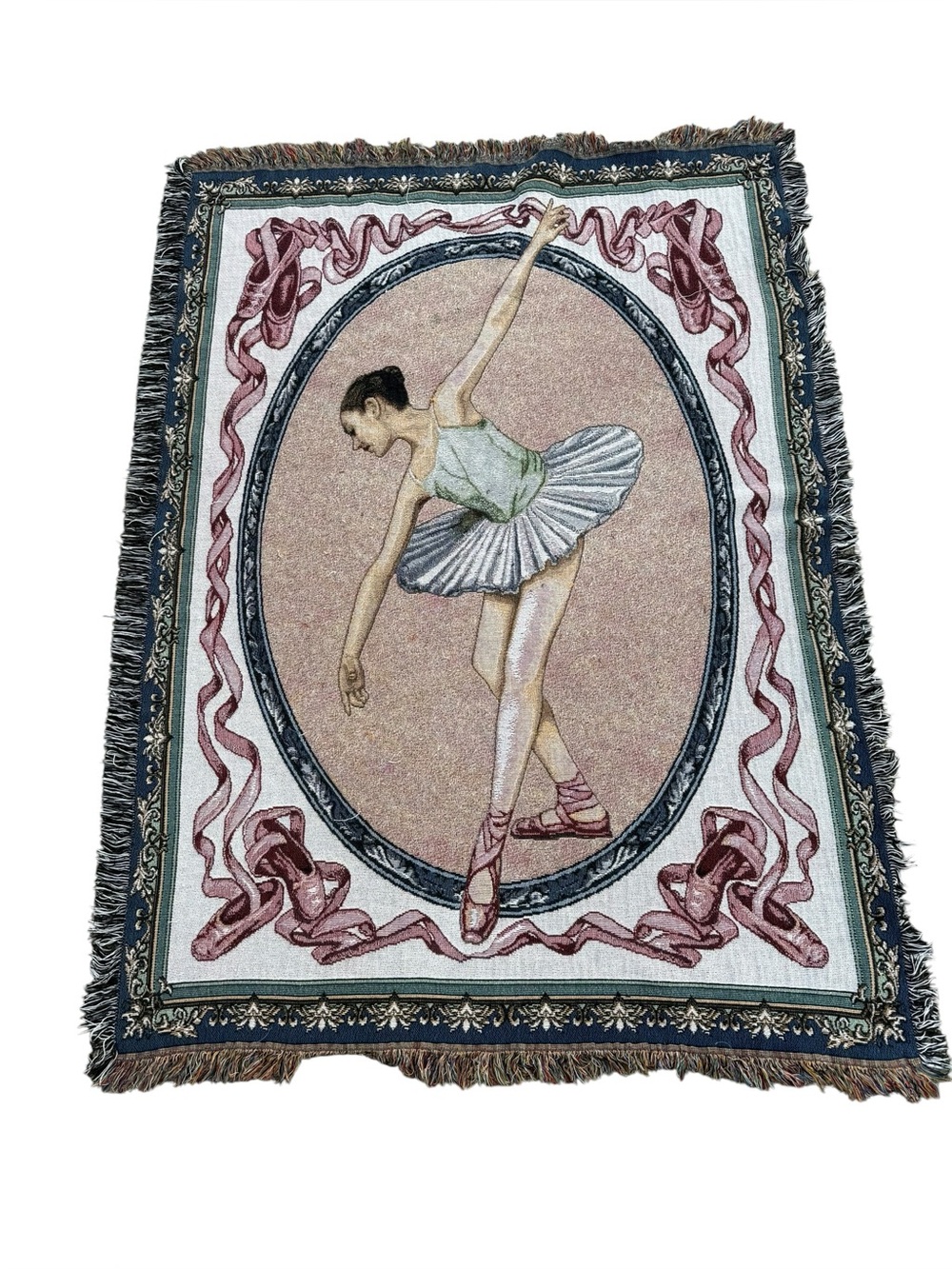 Vintage Ballet Ballerina Fringed Tapestry Throw Blanket 64x47